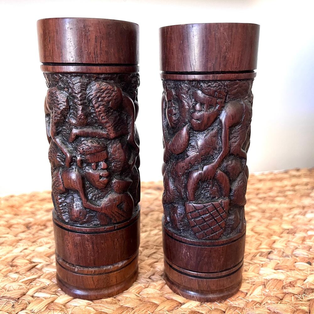 Vintage African Handcarved Hardwood Salt Pepper Shakers Tribal Village Scenes